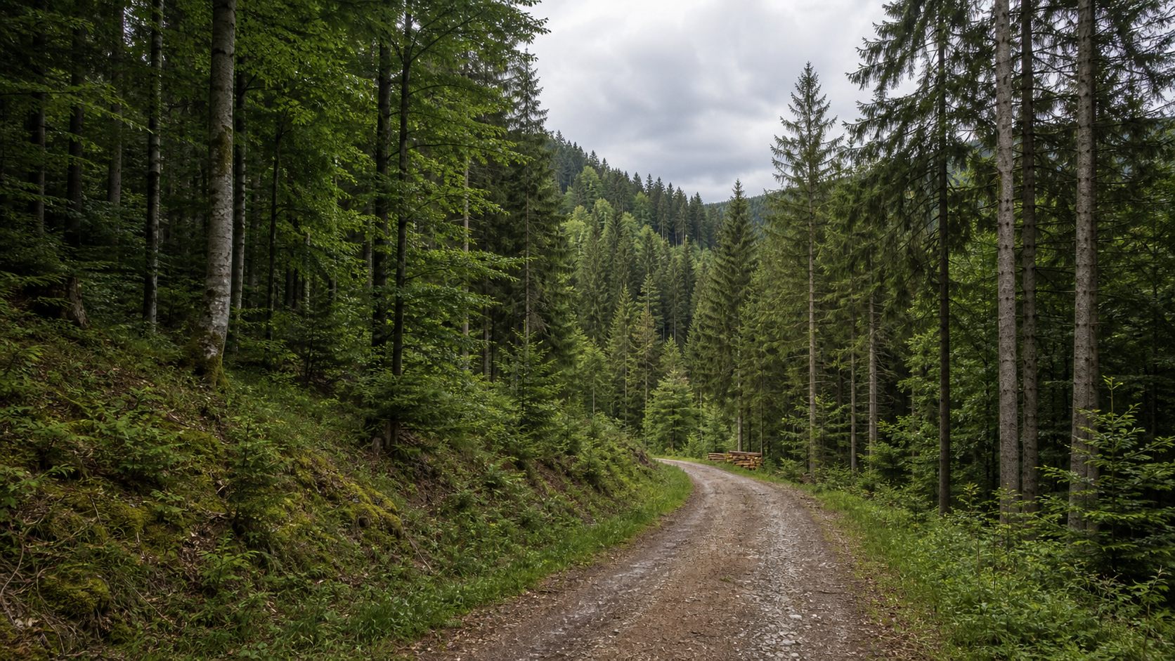 Forstweg durch einen dichten Wald als Beispiel für Waldbesitz.