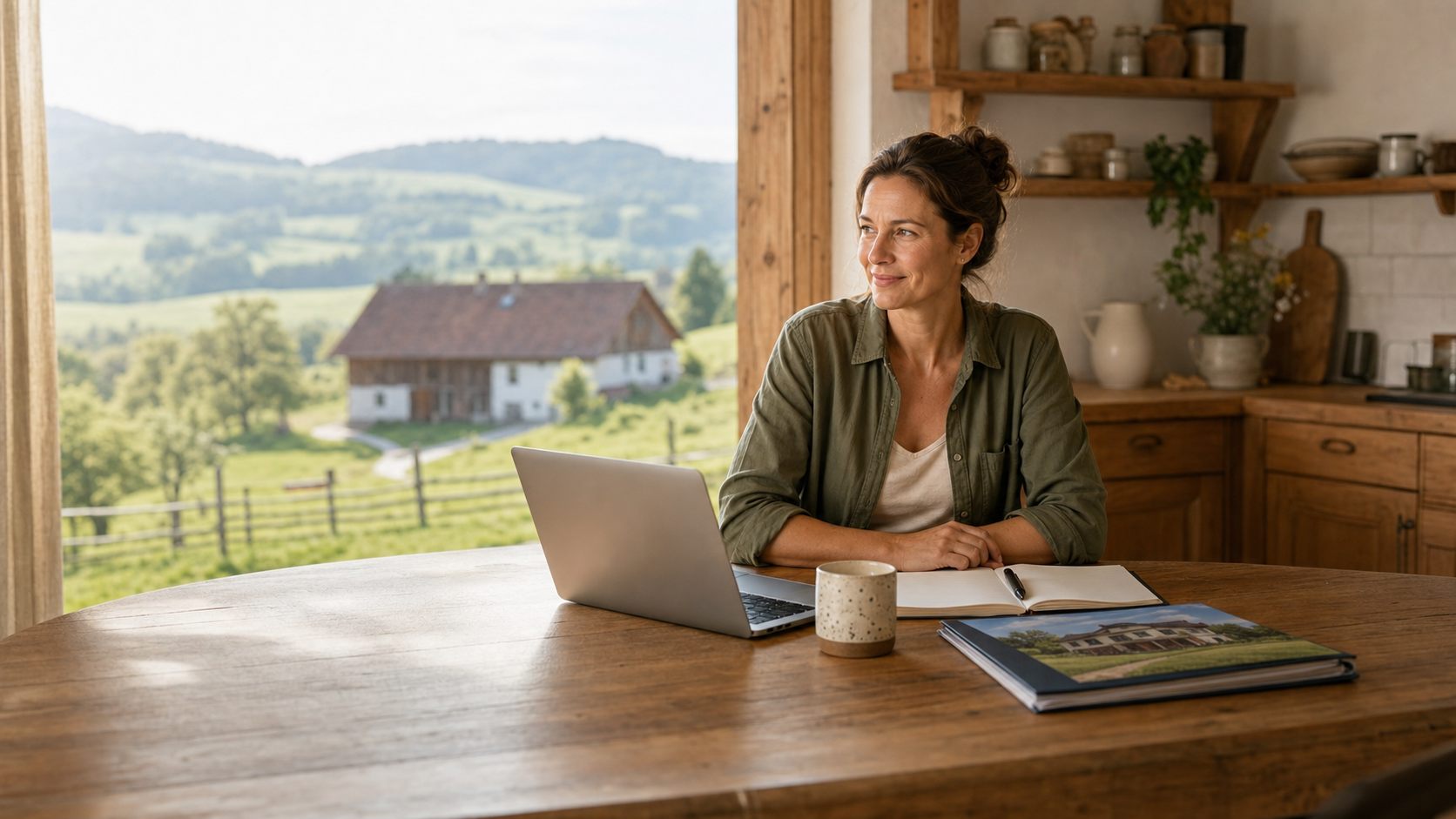 Frau an einem Holztisch mit Blick auf einen Hof als Symbol für Hofnachfolge und Grundverkauf.